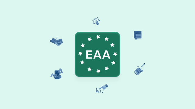 EAA-Logo in der Mitte, umgeben von Symbolen für Barrierefreiheit und Design wie Cursor, Farbtropfer, Bilder-Icons und Formulare – auf grünem Hintergrund. Symbolisiert zentrale Aspekte des EAA im digitalen Kontext.