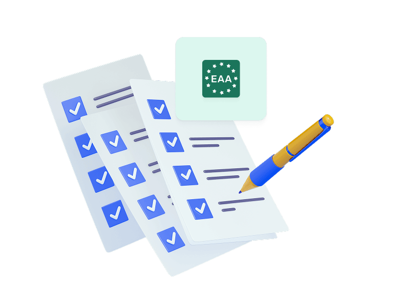 Illustration mehrerer Checklisten mit blauen Häkchen, einem gelb-blauen Stift und einem grünen EAA-Symbol mit EU-Sternen – symbolisiert die Umsetzung der Anforderungen des European Accessibility Act (EAA) im Event-Management.